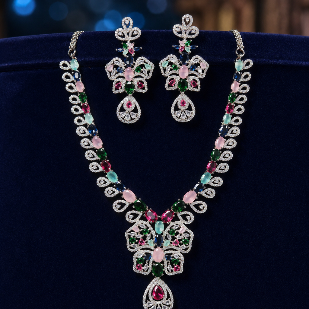 American Diamond Spark Veil Necklace Set