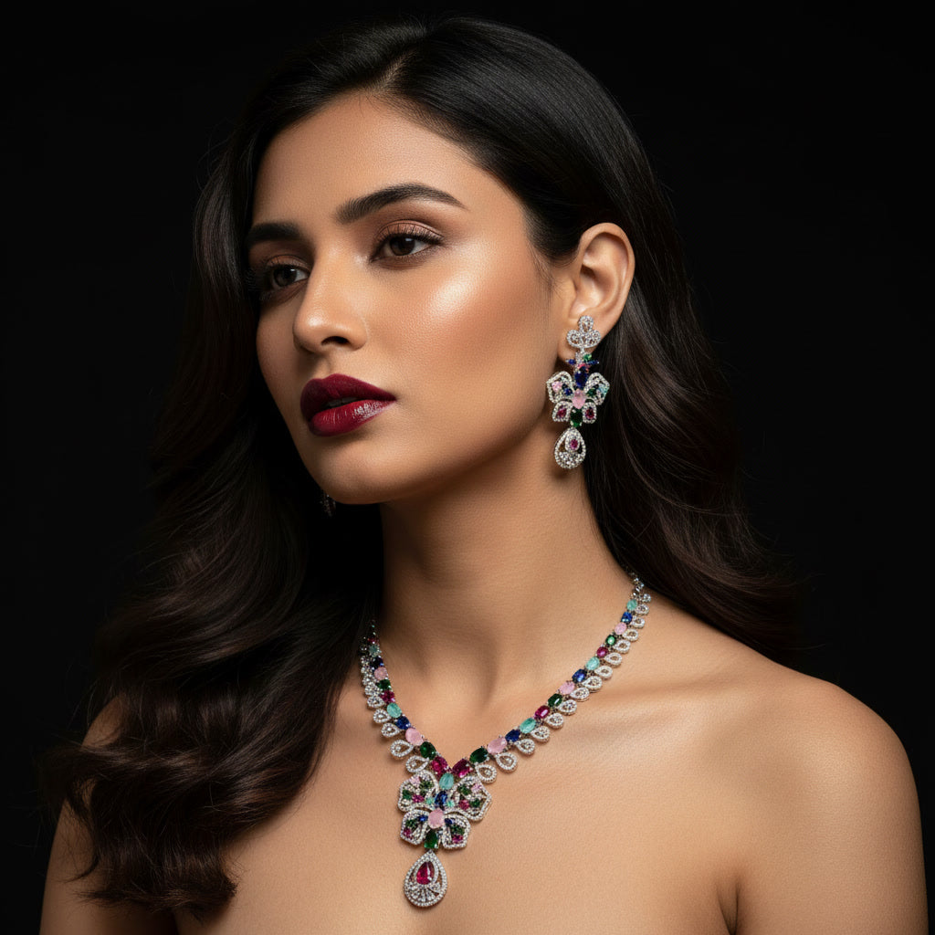 American Diamond Spark Veil Necklace Set